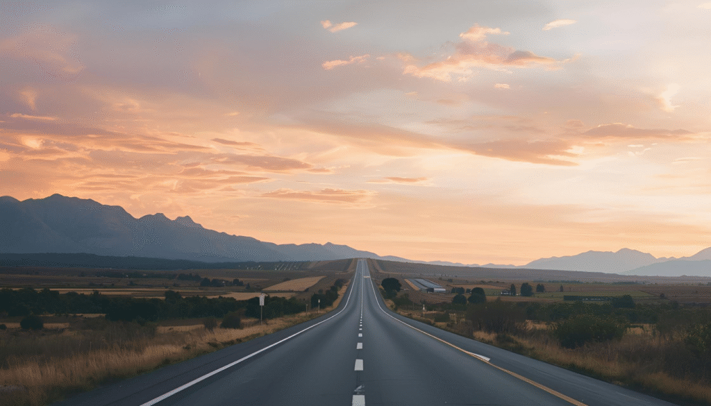 long highway with mountains in the background