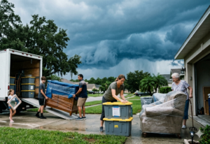 Family moving during hurricane season with dark skies and wet items.